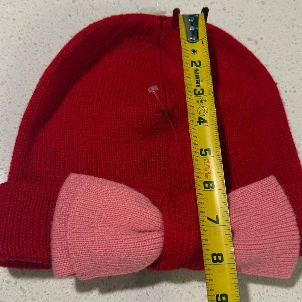 Kate Spade Red Knit Beanie Pink‎ Bow Winter Hat Cuffed Acrylic One Size